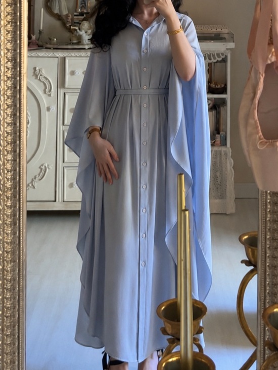 None Dresses & Skirts - Light Blue Button-Front Maxi Robe with Draped Cape Sleeves butterfly